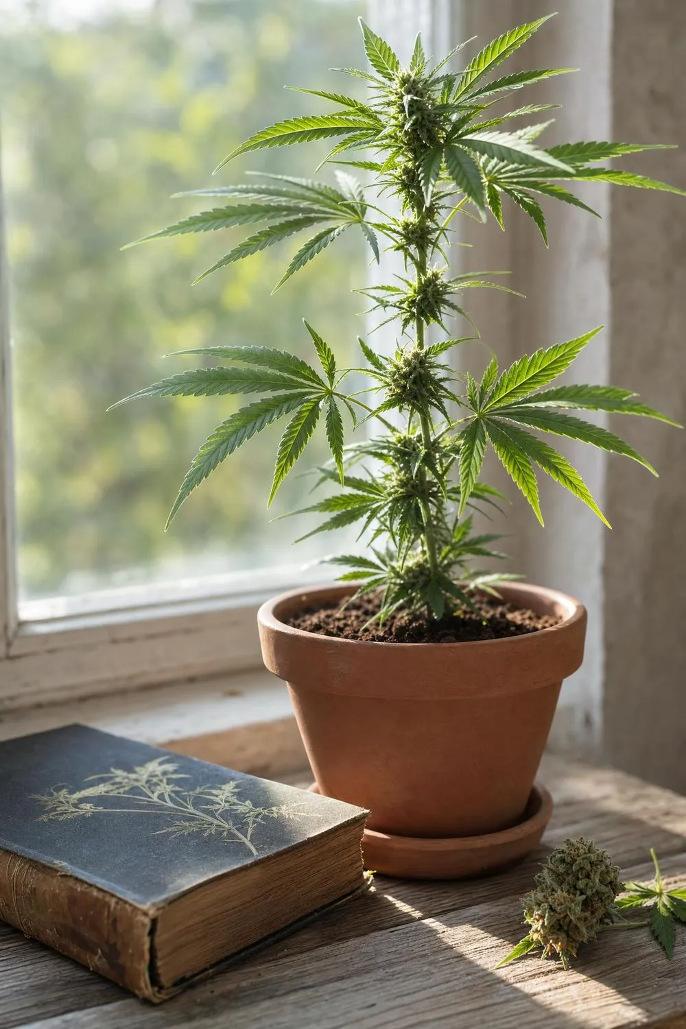 Plant de chanvre en pot sur un rebord de fenêtre avec un livre de botanique