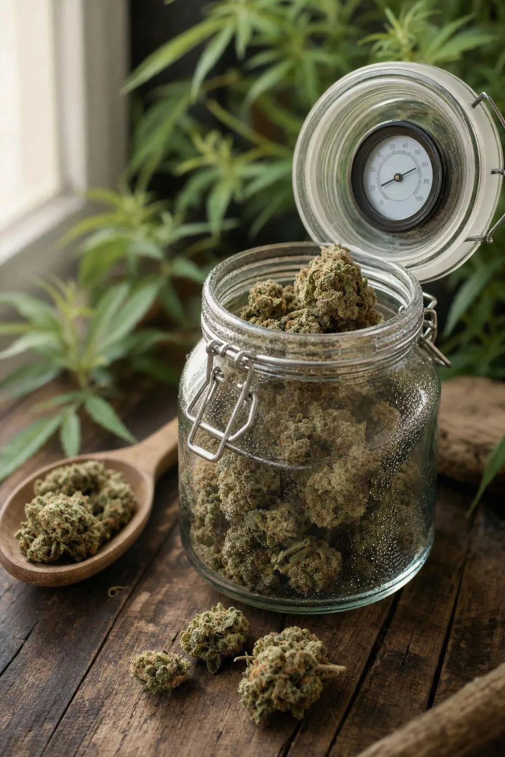 Bocal en verre de fleurs de CBD avec hygromètre dans le couvercle